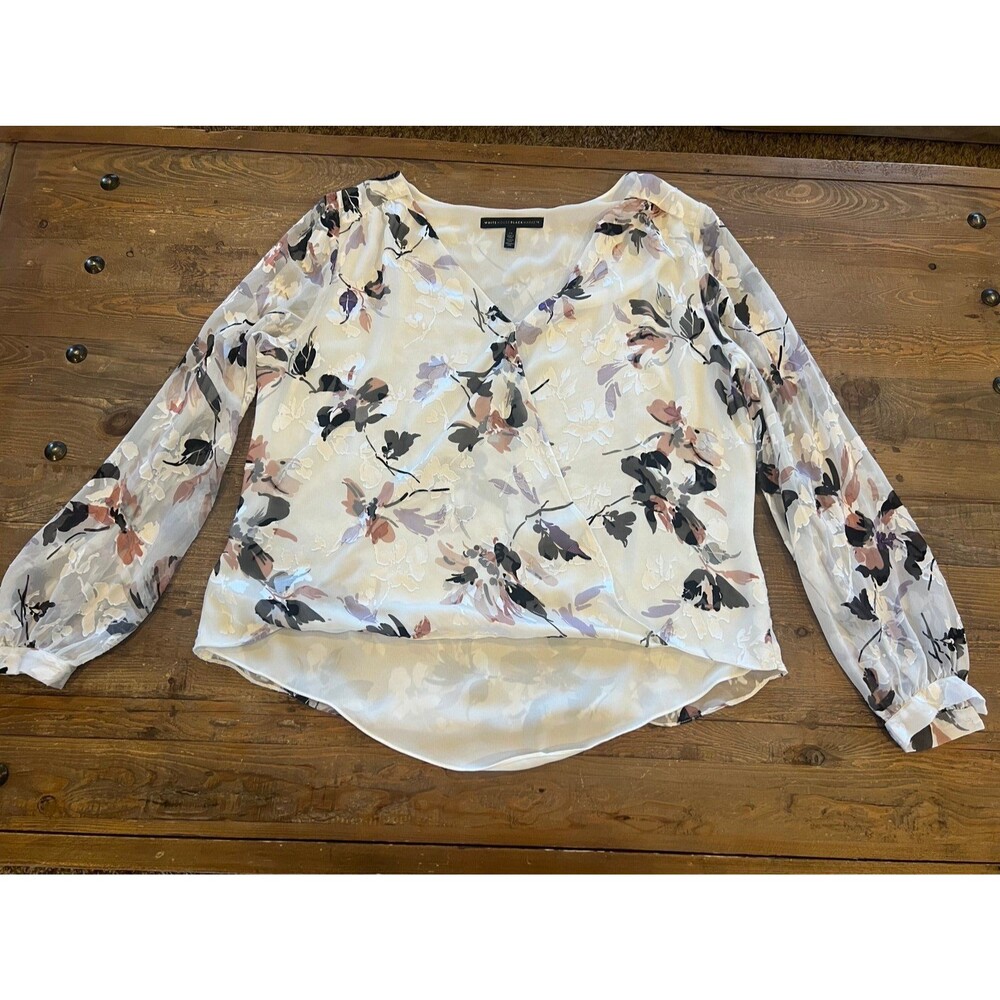 White House Black Market Women’s Blouse Size 14 Silk Blend White Floral Burnout